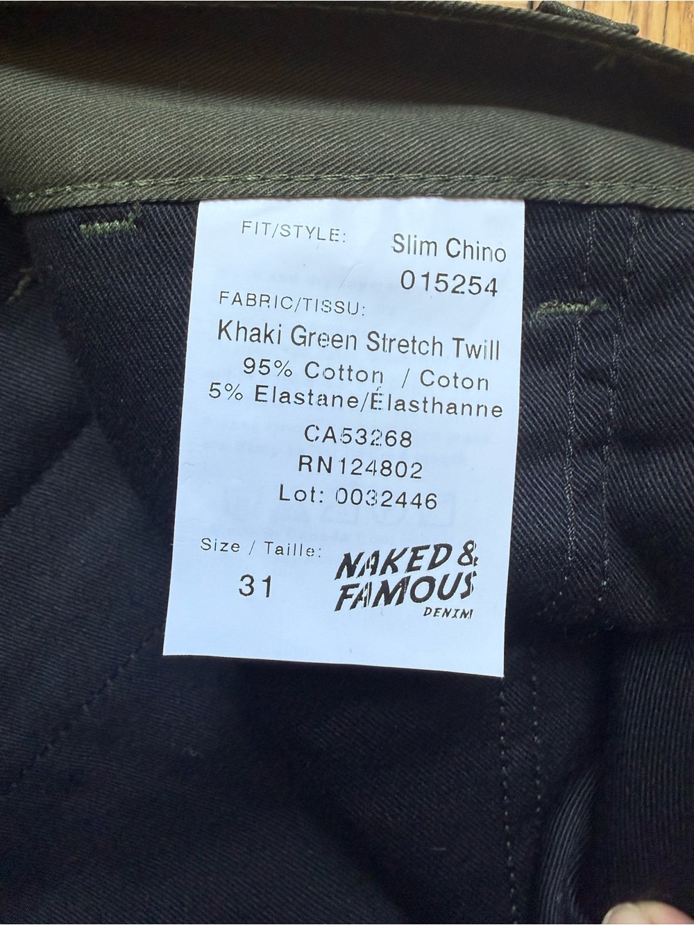 Naked & Famous Slim Chino, Khaki Green Stretch Twill, Size 31 x 31.5, EUC - Picture 6 of 11